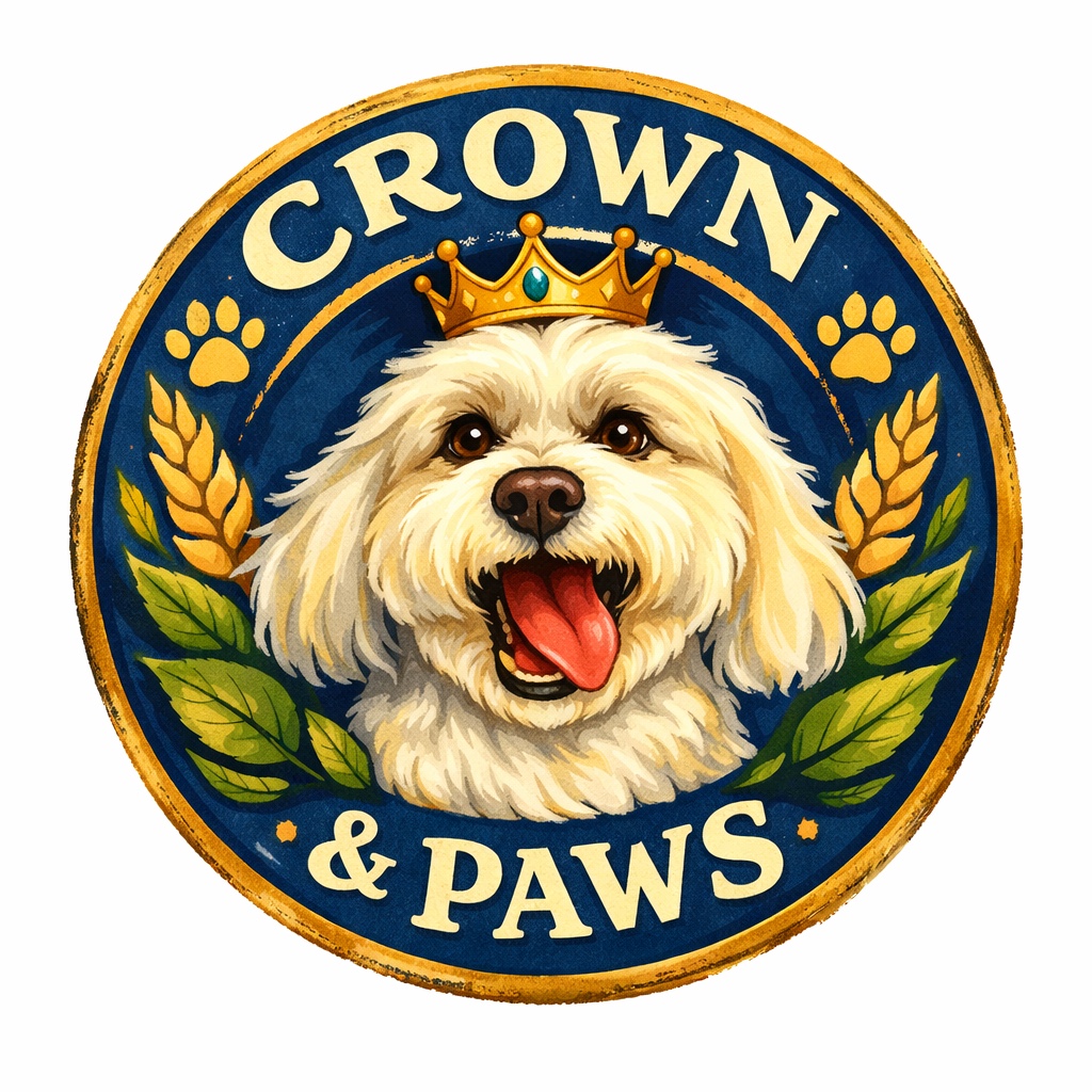 Crown and Paws logo featuring a crowned white dog